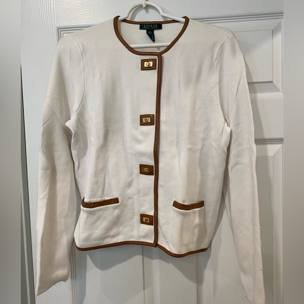 Ralph Lauren white sweater jacket with brown leather like trim.